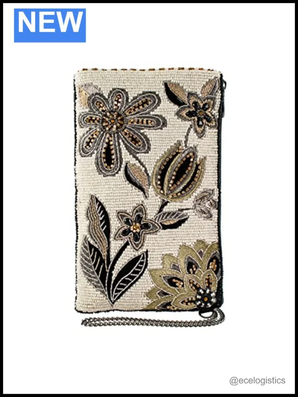 Handcrafted Floral Beaded Crossbody Cell Phone Bag with Chain Strap